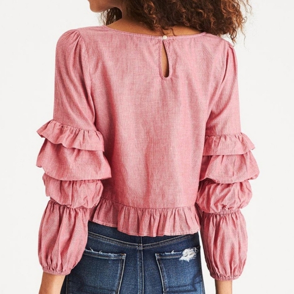 American Eagle Crop Peasant Top Red Boho Smocked Ruffle Sleeve Medium - Picture 2 of 9